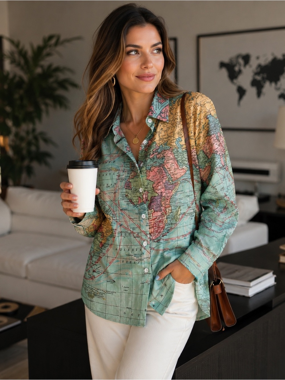 MISSLOOK World Map Print Linen Button Front Shirt Jacket Women’s Medium Travel